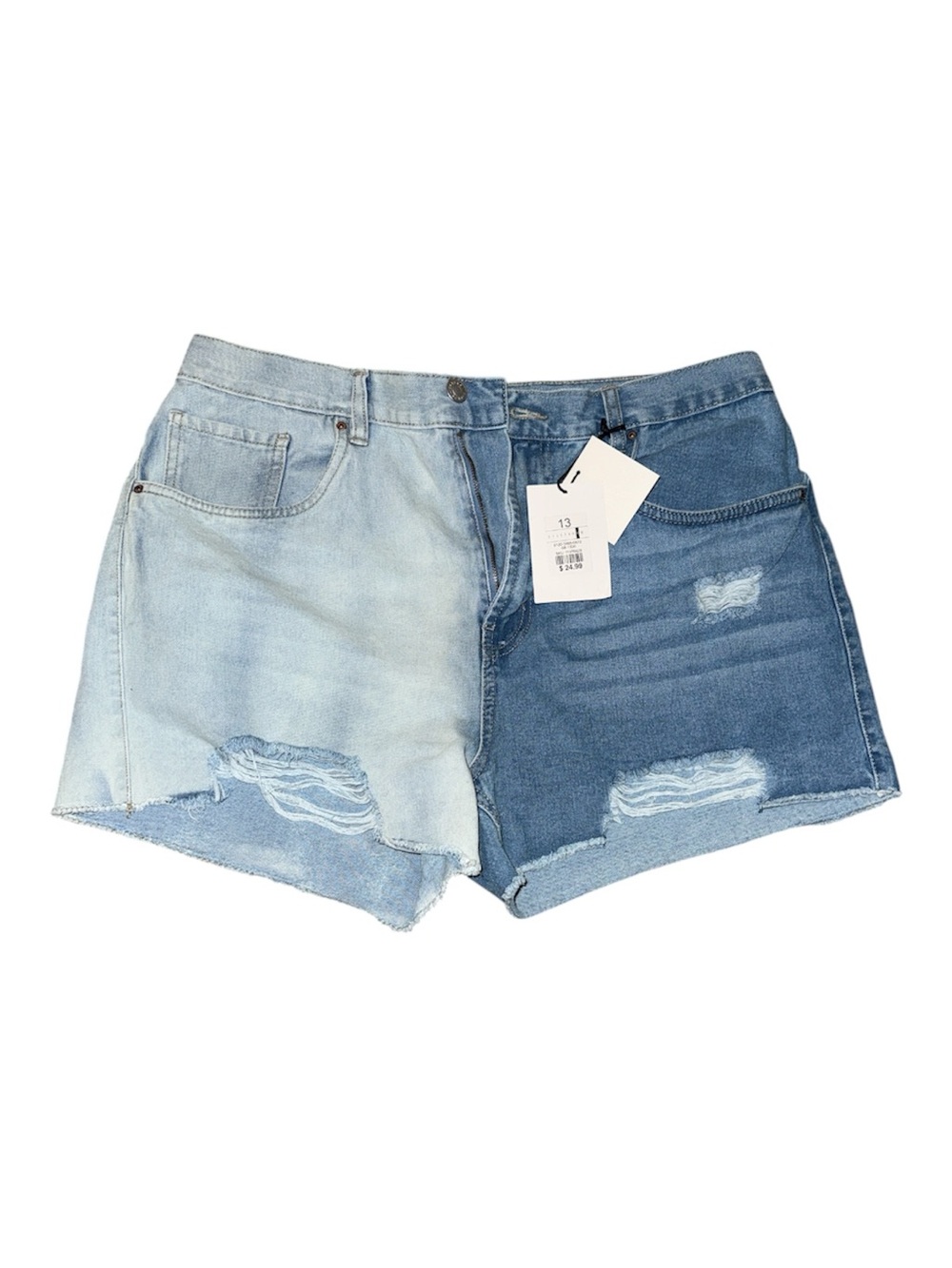 Two-Tone Distressed Denim Shorts - Light & Dark Blue